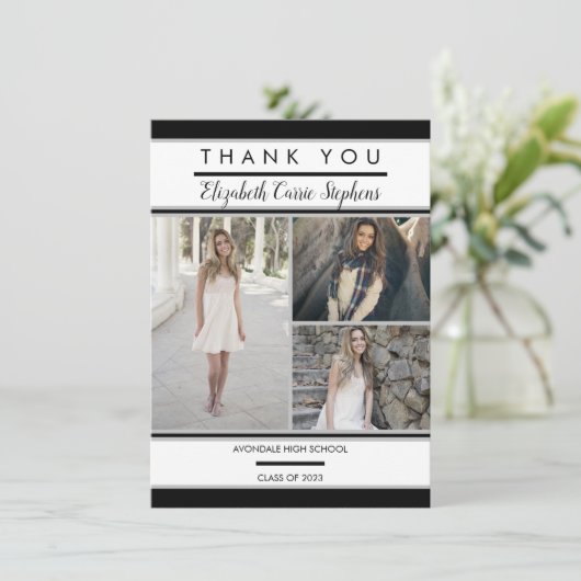 Simple Classy Three Photo Black | Witte Afstuderen Bedankkaart (Staand voorkant)