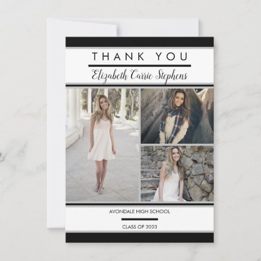Simple Classy Three Photo Black | Witte Afstuderen Bedankkaart (Voorkant)