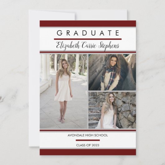 Simple Classy Three Photo DK Red Afstuderen Aankondiging (Voorkant)