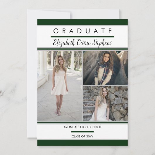 Simple Classy Three Photo Green Afstuderen Aankondiging (Voorkant)