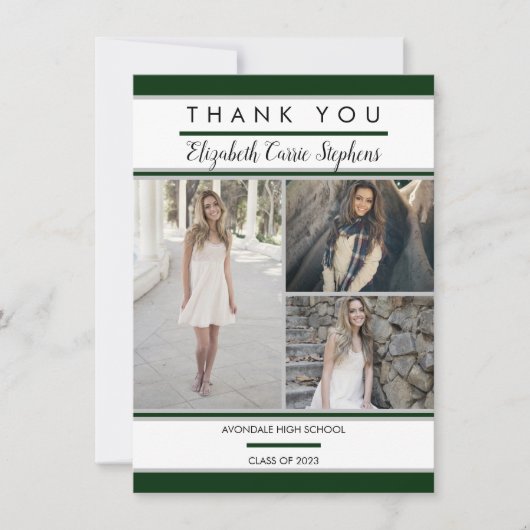 Simple Classy Three Photo Green | Witte Afstuderen Bedankkaart (Voorkant)