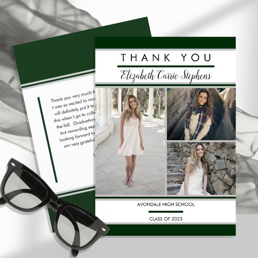 Simple Classy Three Photo Green | Witte Afstuderen Bedankkaart