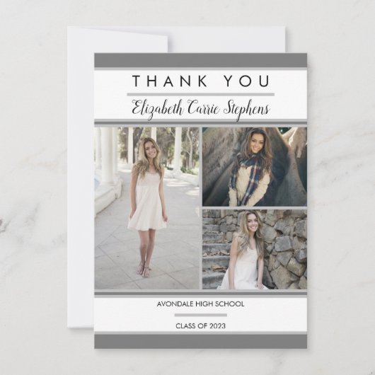 Simple Classy Three Photo Grey | Witte Afstuderen Bedankkaart (Voorkant)