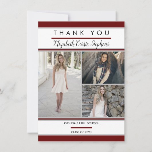 Simple Classy Three Photo Maroon |Witte Afstuderen Bedankkaart (Voorkant)