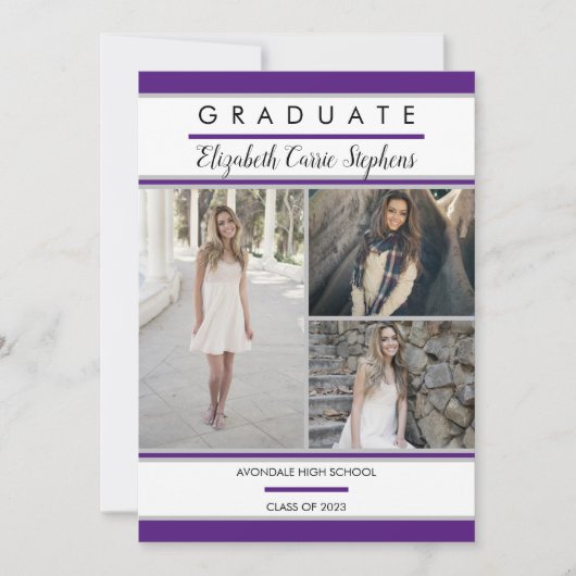 Simple Classy Three Photo Paars Afstuderen Aankondiging (Voorkant)