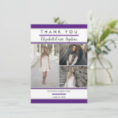 Simple Classy Three Photo Paars |Witte Afstuderen Bedankkaart (Staand voorkant)