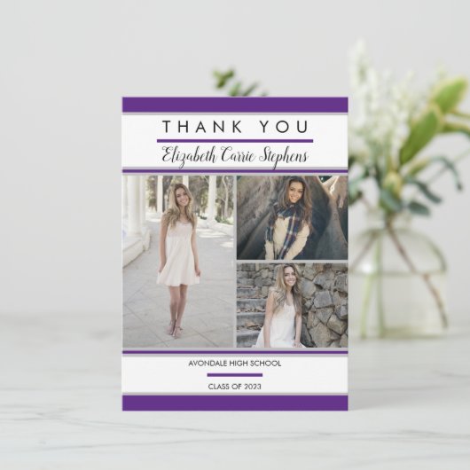 Simple Classy Three Photo Paars |Witte Afstuderen Bedankkaart (Staand voorkant)