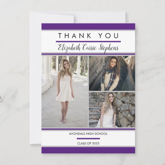 Simple Classy Three Photo Paars |Witte Afstuderen Bedankkaart (Voorkant)