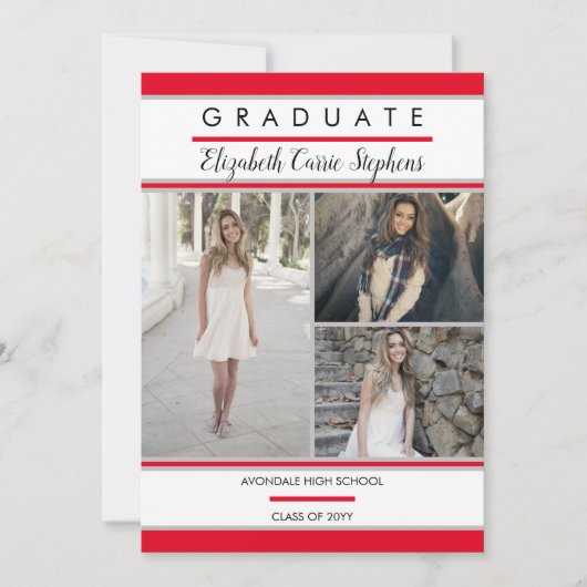 Simple Classy Three Photo Red Afstuderen Aankondiging (Voorkant)