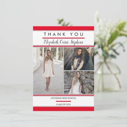 Simple Classy Three Photo Red | Witte Afstuderen Bedankkaart (Staand voorkant)