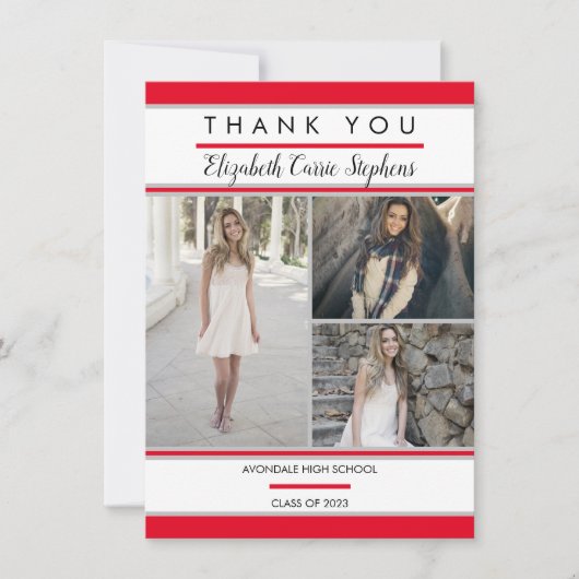 Simple Classy Three Photo Red | Witte Afstuderen Bedankkaart (Voorkant)