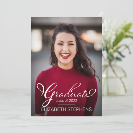 Simple Classy White Script Afstuderen Foto Aankondiging (Staand voorkant)