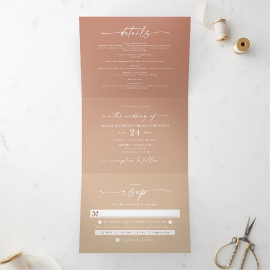 Simple Clay Terra Cotta & Yellow Ombre Wedding Drieluik Uitnodiging (Binnen)
