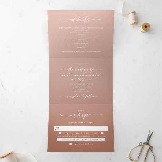 Simple Clay Terracotta & Blush Pink Ombre Wedding Drieluik Uitnodiging (Binnen)