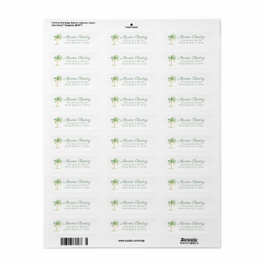 Simple Coastal Green Palm Tree Beach Club Address Etiket (Full Sheet)