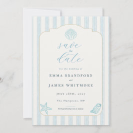 Simple Coastal Seashell Blue Wedding Save the Date Kaart