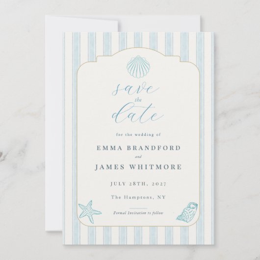 Simple Coastal Seashell Blue Wedding Save the Date Kaart (Voorkant)