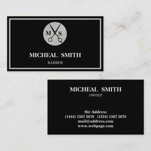 Simple Cool Retro  Barber Monogram Scissors Visitekaartje (Voorkant / Achterkant)