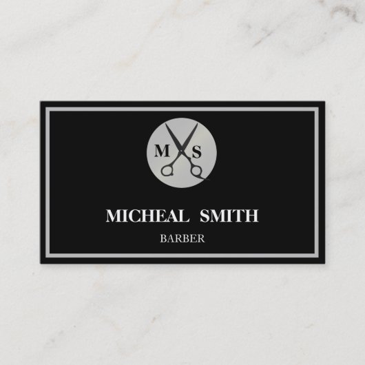 Simple Cool Retro Barber Monogram Scissors Visitekaartje (Voorkant)