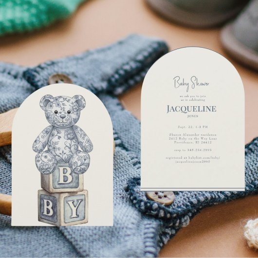 Simple Cream & Blue Teddy Bear Arch Baby Shower Kaart