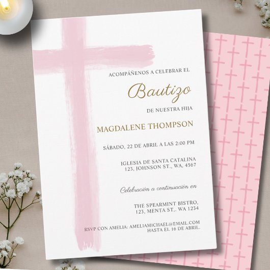 Simple Cross Girl Pink Baptism Bautizo Kaart