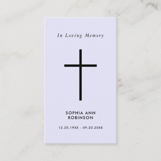 Simple Cross Purple Lavender Memorial Prayer Card Visitekaartje (Voorkant)