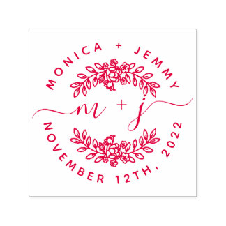Simple Custom Leaves Initials Script Round Wedding Zelfinktende Stempel