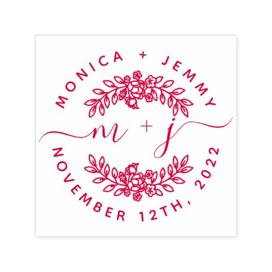 Simple Custom Leaves Initials Script Round Wedding Zelfinktende Stempel (Design)