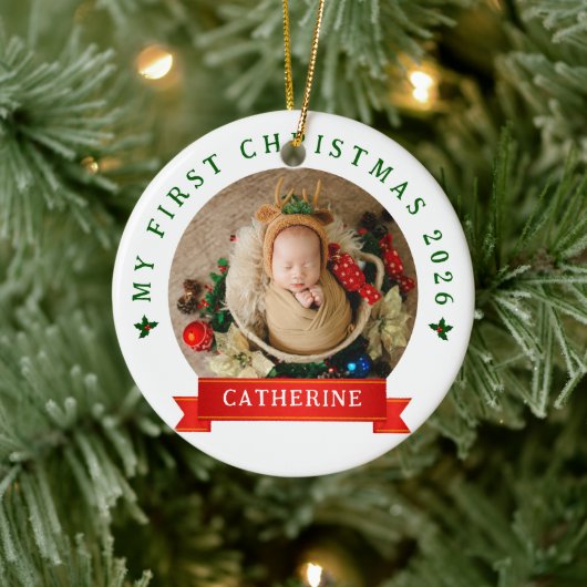 Simple Cute Baby's First Christmas Custom Name Keramisch Ornament (Boom)