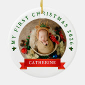 Simple Cute Baby's First Christmas Custom Name Keramisch Ornament (Achterkant)