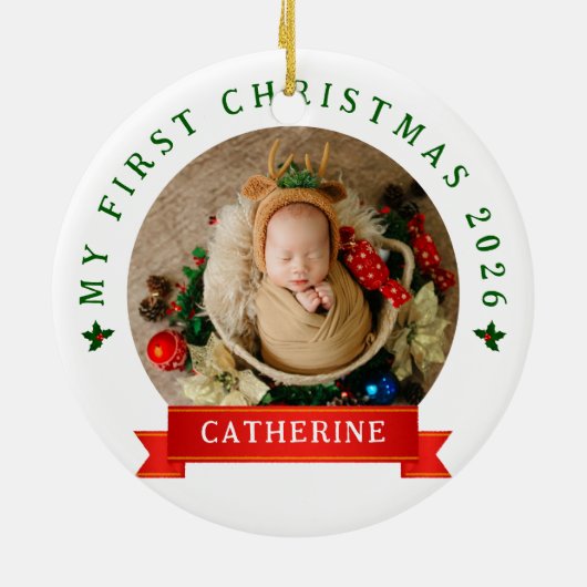 Simple Cute Baby's First Christmas Custom Name Keramisch Ornament (Achterkant)