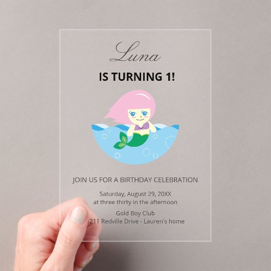 Simple Cute Mermaid Queen Birthday  Acryl Uitnodigingen (Insitu (Draagbaar))