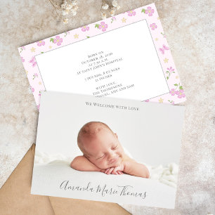 Simple Cute Whimsical Floral Photo Pink Girl Aankondiging
