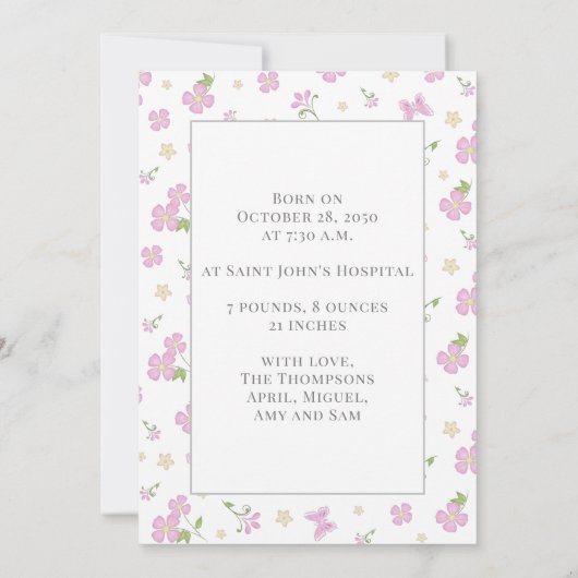 Simple Cute Whimsical Floral Photo Pink Girl Aankondiging (Achterkant)