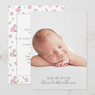 Simple Cute Whimsical Floral Photo Pink Girl Aankondiging