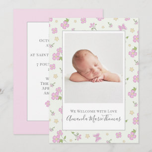 Simple Cute Whimsical Floral Photo Pink Girl Aankondiging