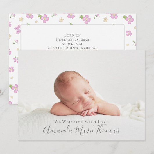 Simple Cute Whimsical Floral Photo Pink Girl Aankondiging (Voorkant / Achterkant)