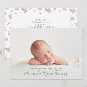 Simple Cute Whimsical Floral Photo Pink Girl Aankondiging