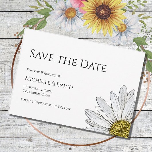 Simple Daisy Floral Wedding Black White Save The Date