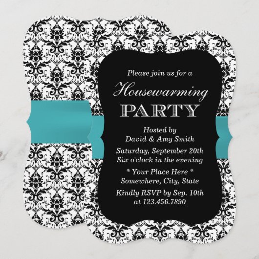 Simple Damask & Blauwgroen Ribbon Housewarming Par Kaart (Voorkant / Achterkant)