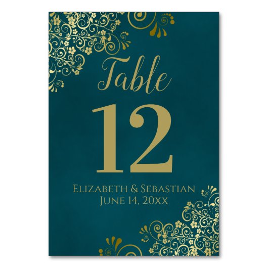 Simple Dark Teal and Gold Elegant Frilly Wedding Kaart (Voorkant)