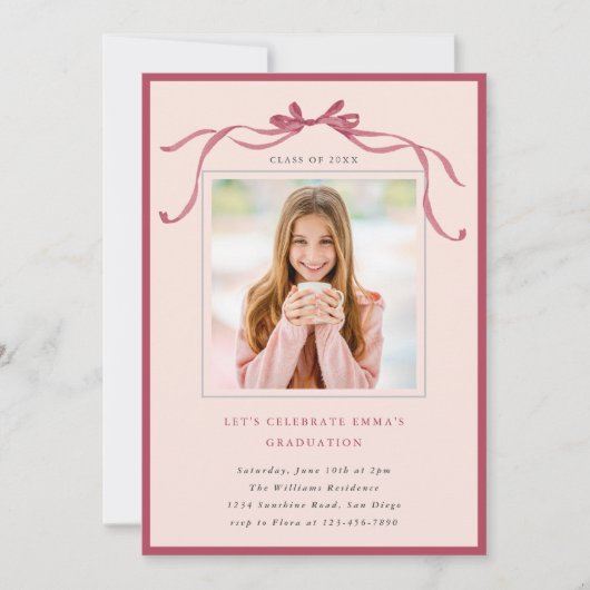 Simple Deep Blush Bow Graduation Party Photo Pink Kaart (Voorkant)