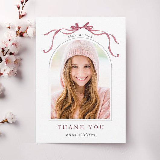 Simple Deep Blush Bow Graduation Photo Bedankkaart