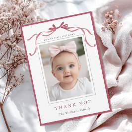 Simple Deep Blush Pink Bow Birthday Photo  Bedankkaart