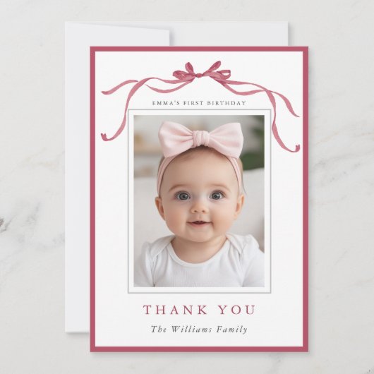 Simple Deep Blush Pink Bow Birthday Photo Bedankkaart (Voorkant)