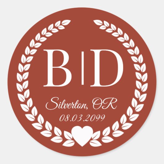 Simple Deep Burnt Sienna Monogram Wedding Ronde Sticker (Voorkant)