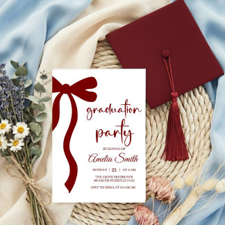 Simple  Deep Red Bow graduation party invitation Kaart