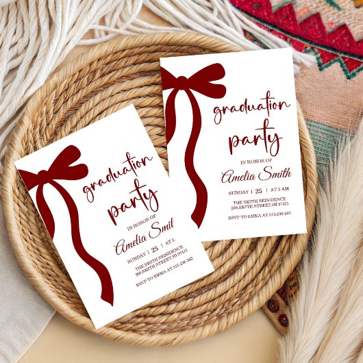 Simple Deep Red Bow graduation party invitation Kaart