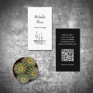 Simple Desert Cactus QR code Zwart Wit Visitekaartje