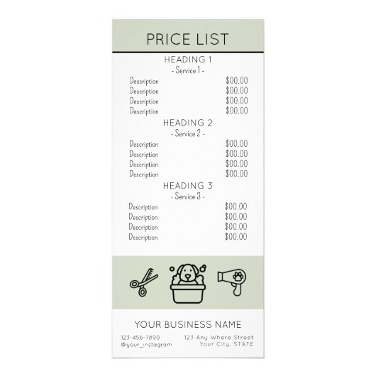 Simple Dog grooming service price list  Reclamekaart (Voorkant)